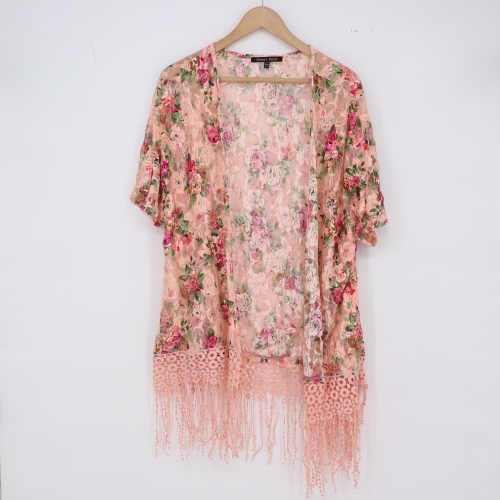 Sweet Rain Kimono Womens M Pink Floral Lace Fringe Boho Excellent